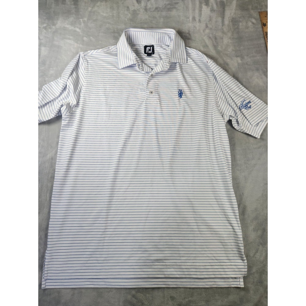 Footjoy FJ Polo Shirt Mens Large Blue White Stripe Golf Performance Stretch Logo